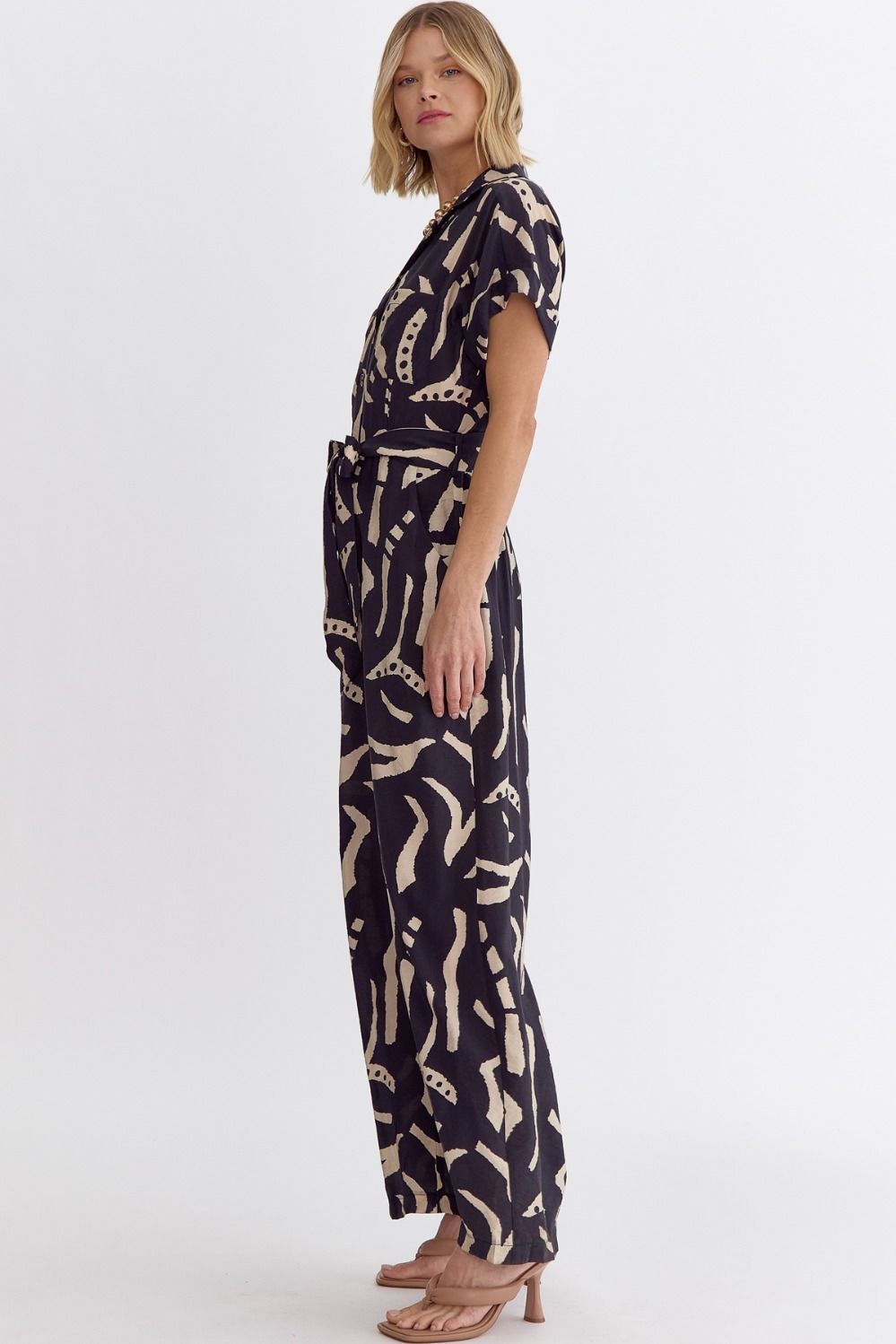 Black Printed Button Down Jumpsuit with Tie Belt