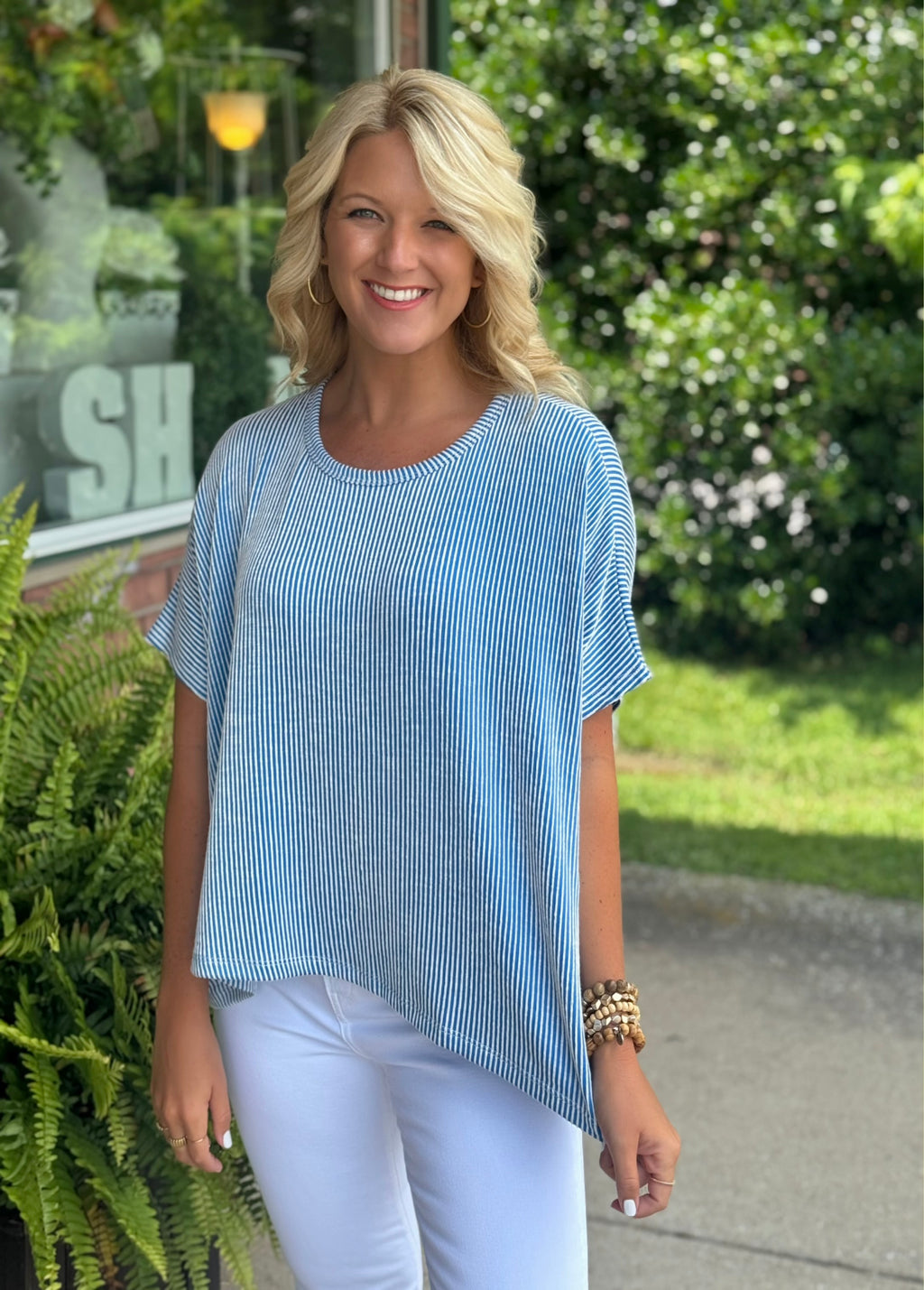 Ocean Blue Ribbed Stripe Oversized Top
