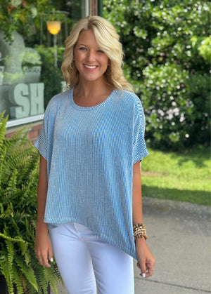 Ocean Blue Ribbed Stripe Oversized Top