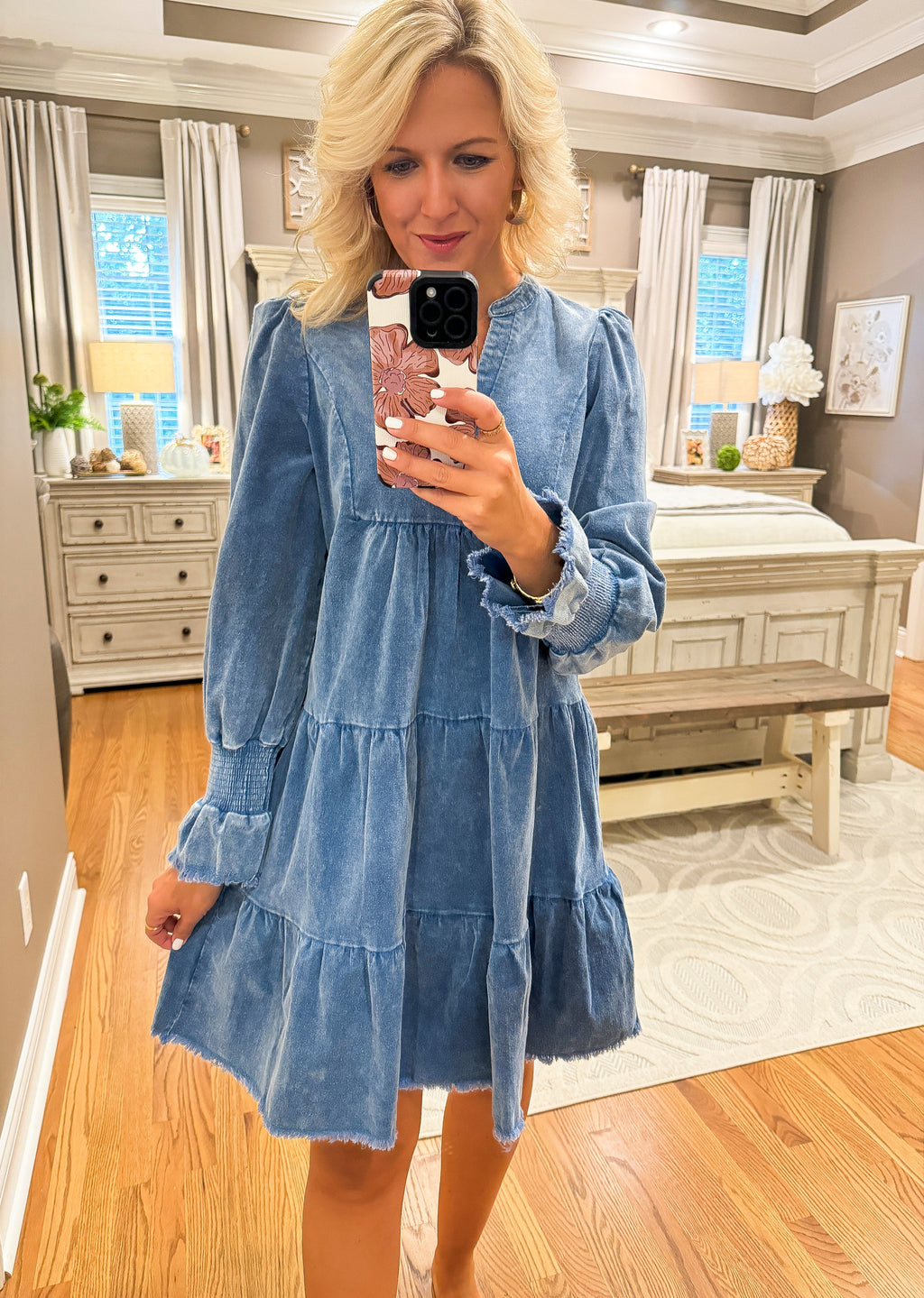 Denim Blue Corduroy Dress with Fray Details