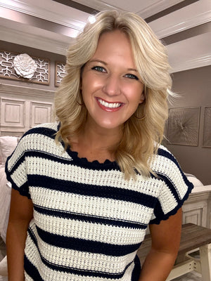 Stripe Scallop Trim Sweater with Tie Back Detail