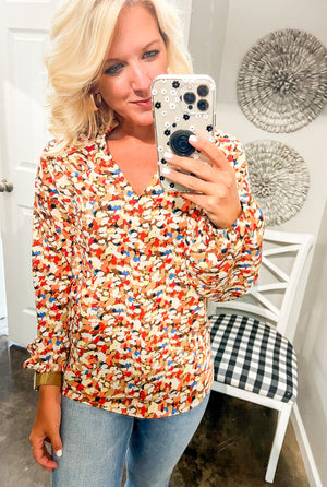Printed V Neck Blouse with Faux Buttons