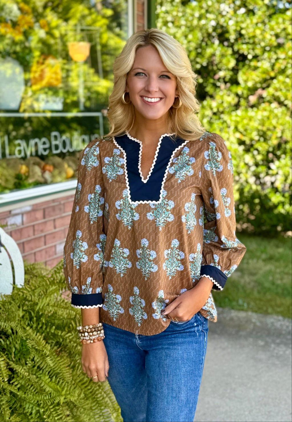 Floral Print Top with Scallop Accent Trim