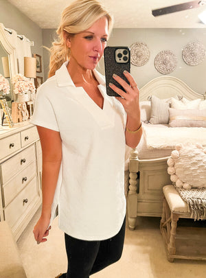 White Textured Tunic Top with Collar