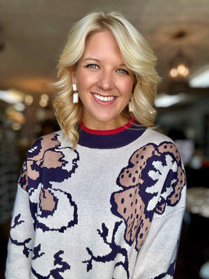 Floral Print Sweater with Contrast Neck & Hemline