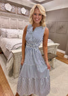 Blue Stripe Woven Midi Dress with Cinch Waist Detail