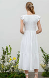 White Smocked Flutter Sleeve Midi Dress