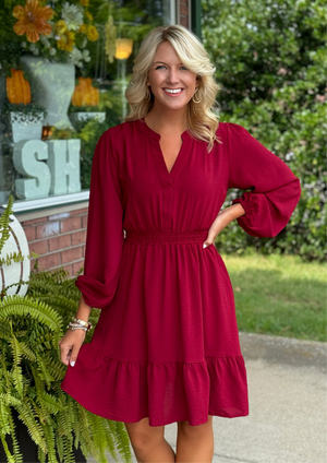 Burgundy Woven Dress with Cinched Waist