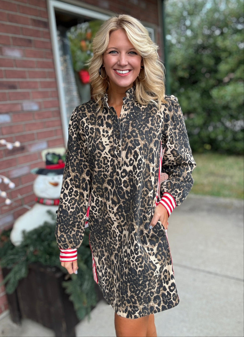 Leopard Dress with Stripe Contrast Detail
