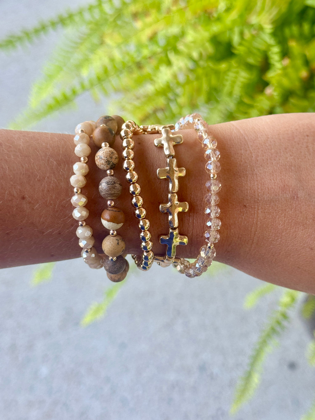 Gold Cross & Neutral Bead Bracelet Set