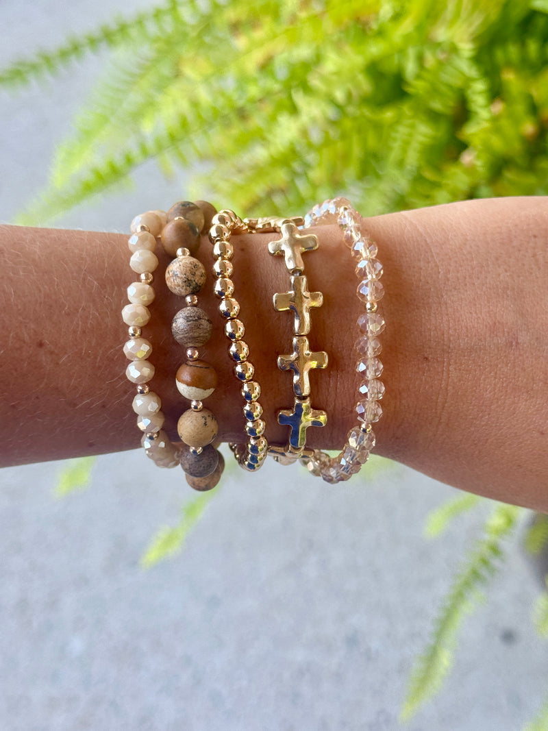 Gold Cross & Neutral Bead Bracelet Set