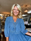 Denim Ruffle Dress with Neckline Detail