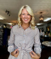 Brown Stripe Button Down Dress with Waist Tie