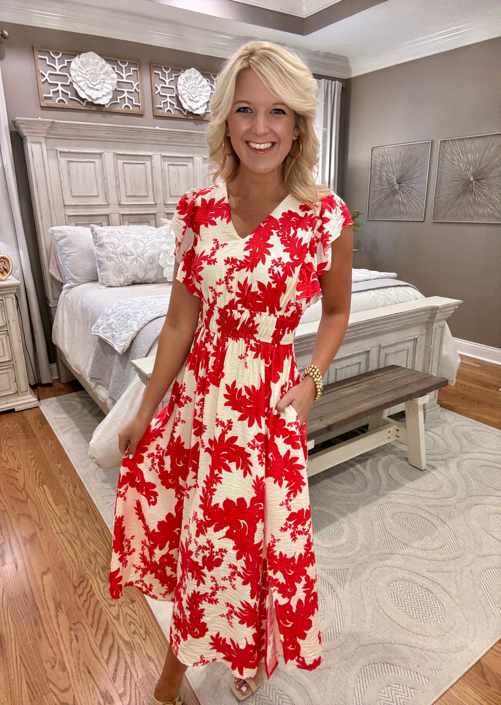 Red Floral Print Midi Dress with Flutter Sleeves