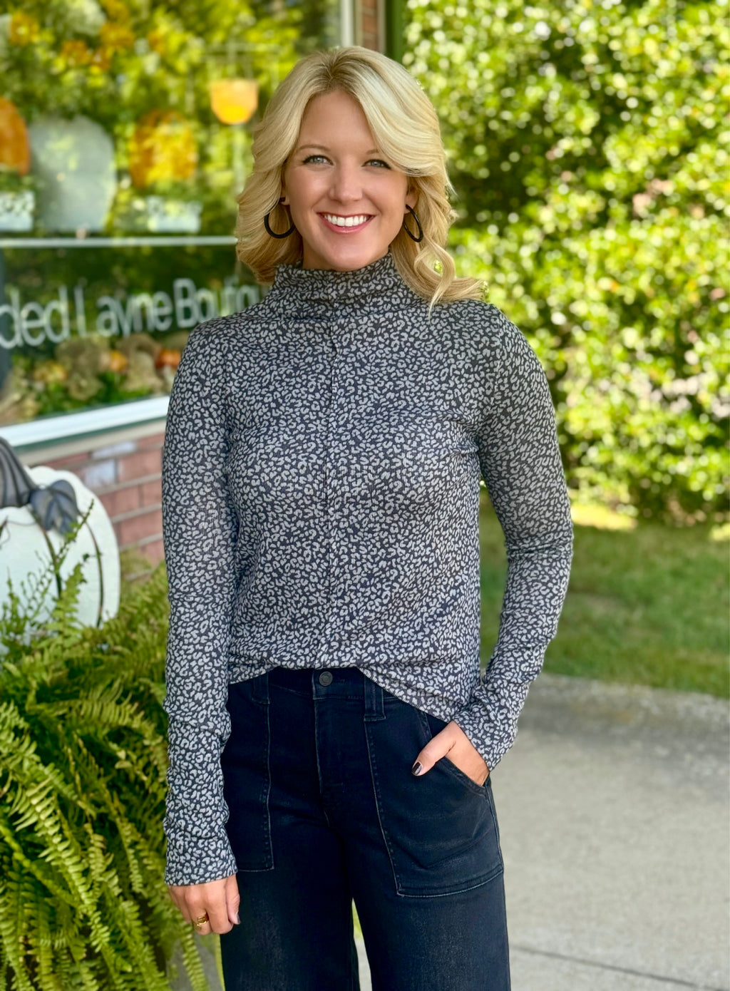 Grey Cheetah Mock Neck Top with Front Seam Detail