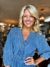 Denim Ruffle Dress with Neckline Detail