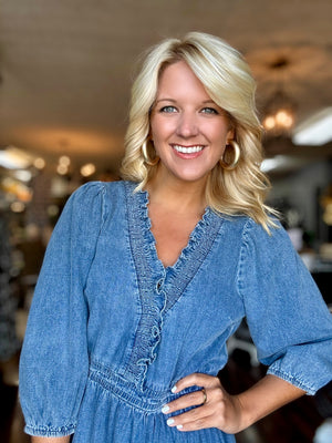 Denim Ruffle Dress with Neckline Detail