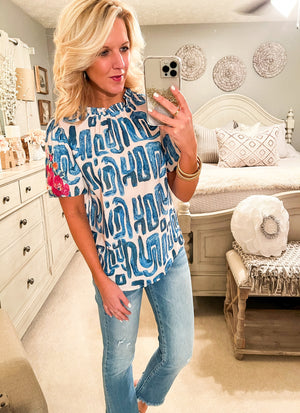 Blue Printed Embroidered Puff Sleeve Top