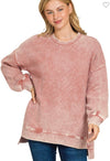 Acid Wash Rose Ribbed Hi Low Pullover Tunic Top