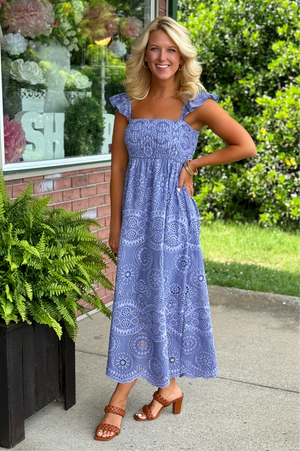Periwinkle Eyelet MIDI Dress with Open Back Detail