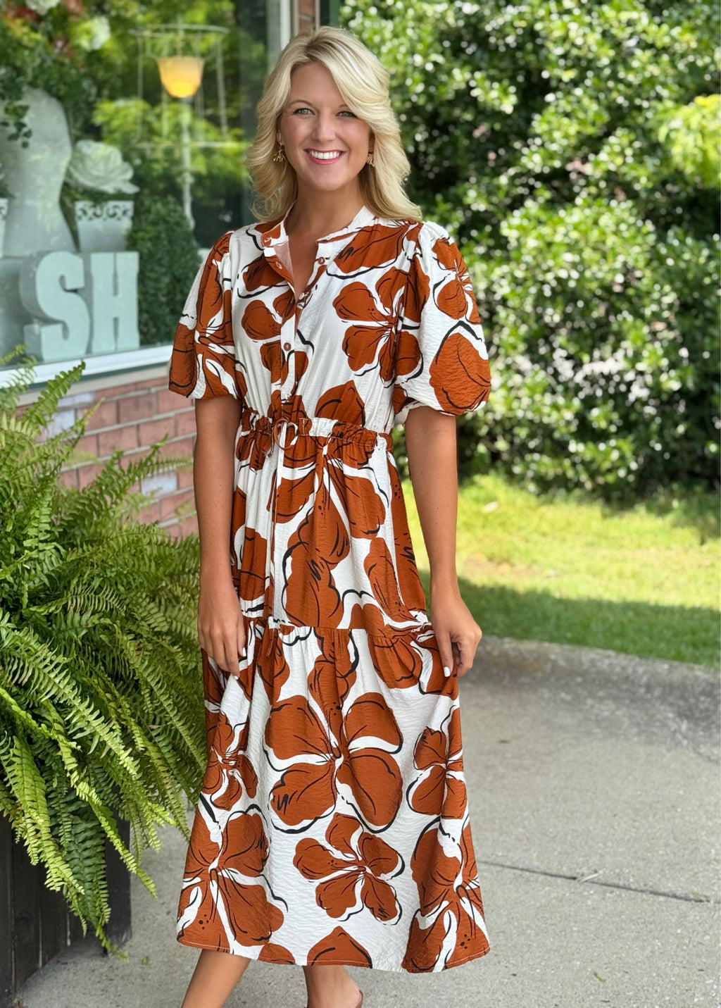 Floral Print Midi Dress with Puff Sleeve Detail