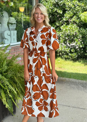 Floral Print Midi Dress with Puff Sleeve Detail
