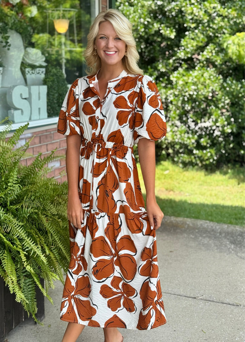 Floral Print Midi Dress with Puff Sleeve Detail