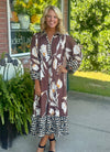 Brown Floral Midi Dress with Contrast Sleeve & Neckline Detail