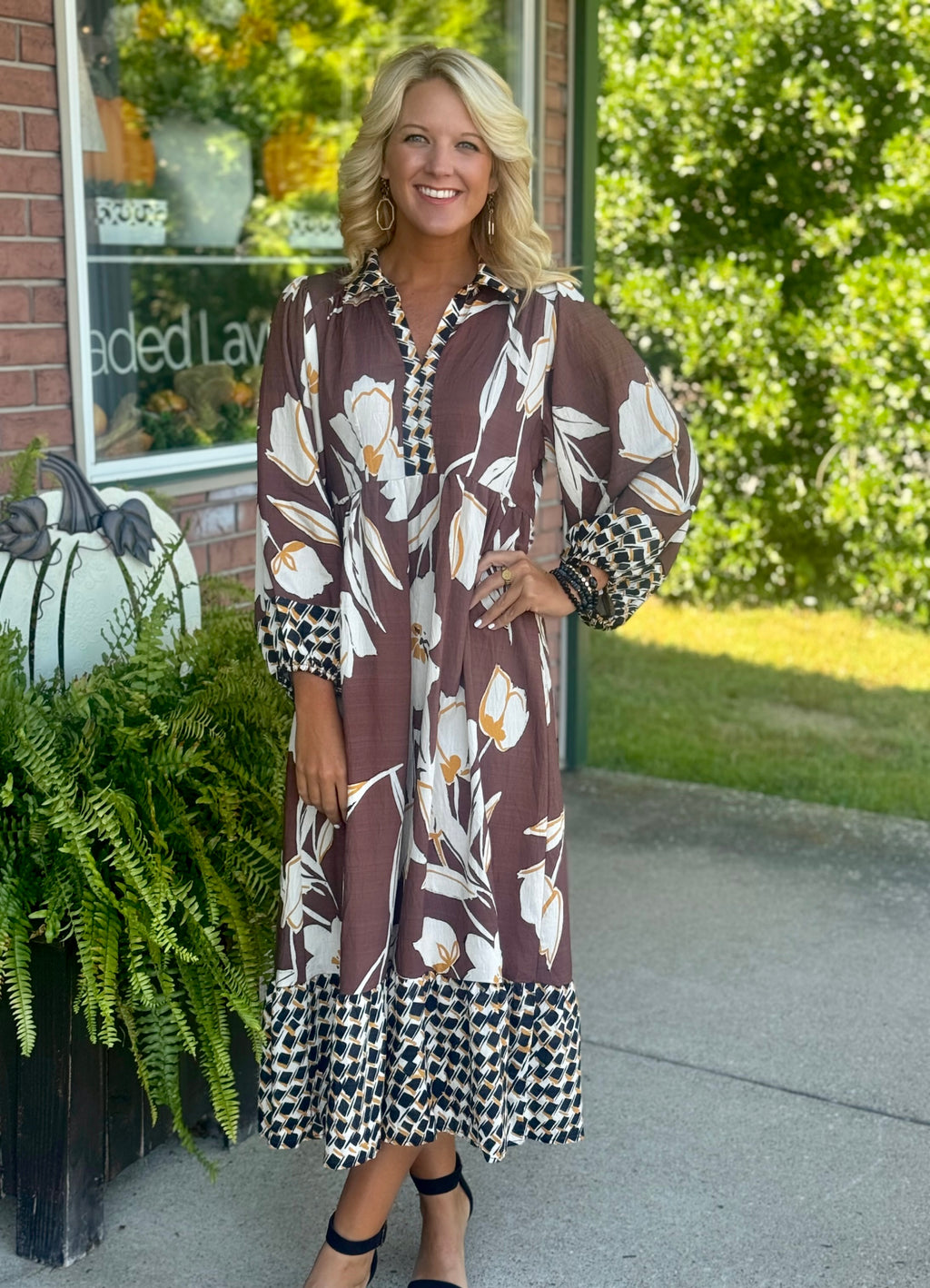 Brown Floral Midi Dress with Contrast Sleeve & Neckline Detail
