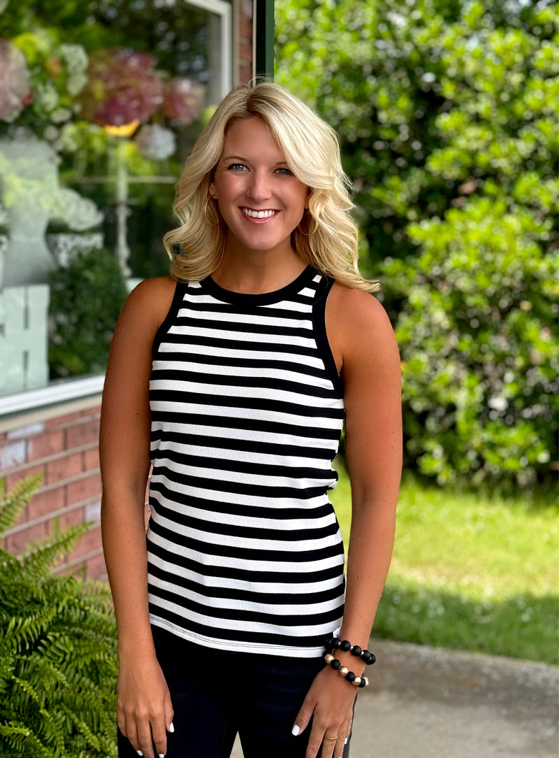 Black & White Stripe Ribbed Fitted Tank