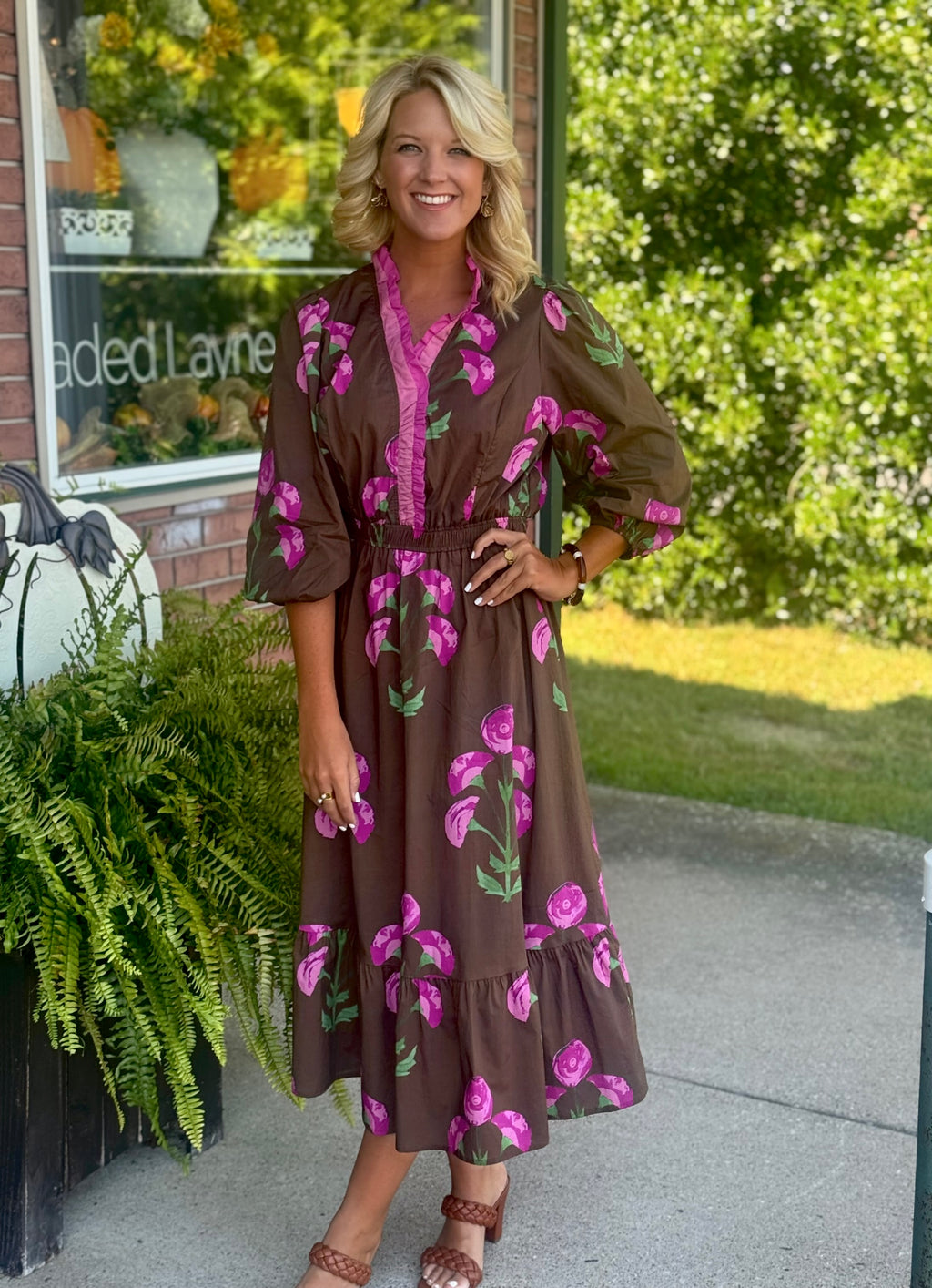 Brown Flower Printed Midi Dress with Ruffle Neckline