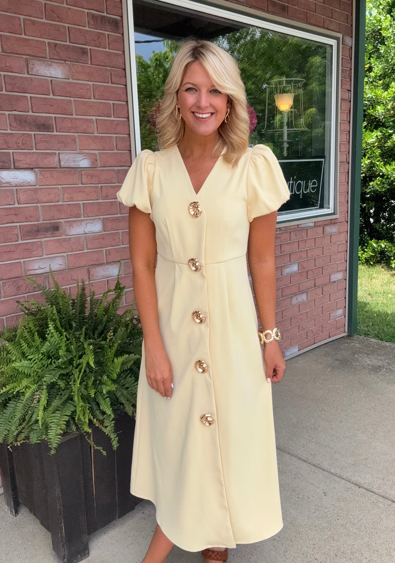 gold button midi dress Butter Yellow Puff Sleeve with Details Shirt dress