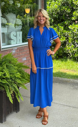 Royal Blue Smocked Waist Flutter Sleeve Midi Dress **FINAL SALE**
