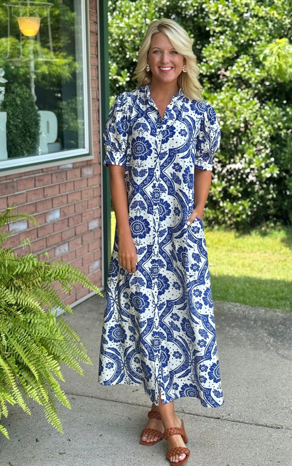 Blue Floral Puff Sleeve Button Down Midi Dress with Ruffle Neckline