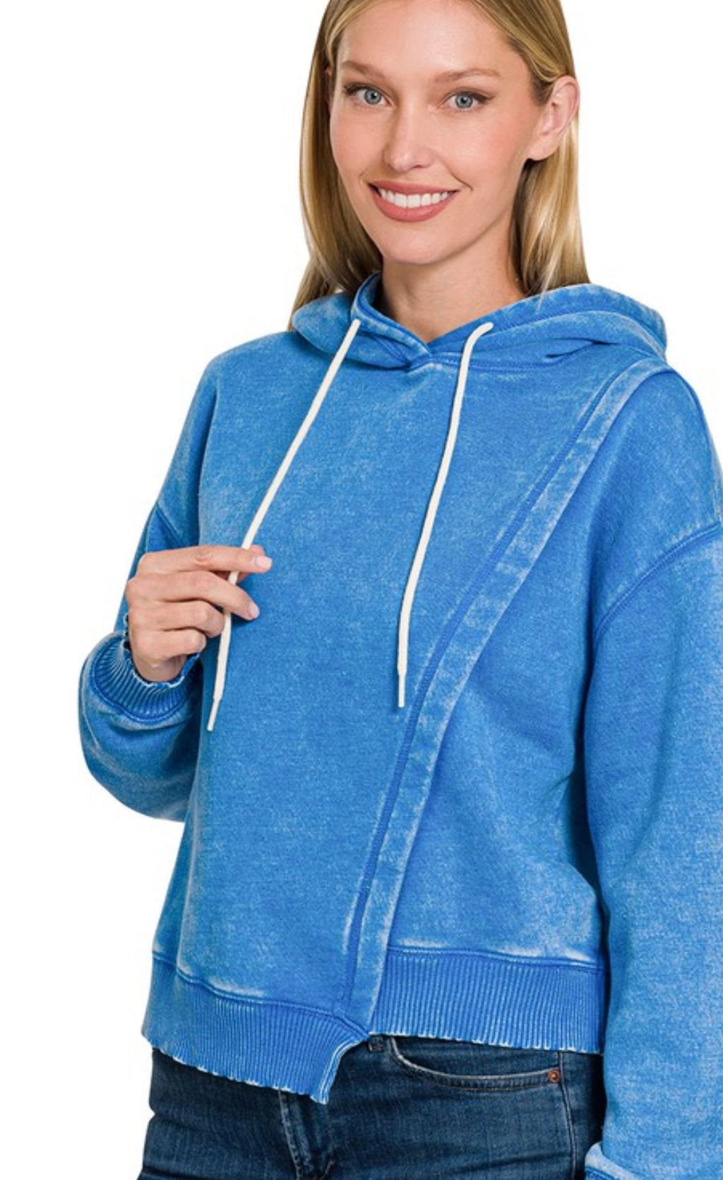 Distressed Blue Washed Hoodie with Asymmetric Hemline
