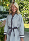 Mocha Stripe Dress with Tie Waist & Border Detail