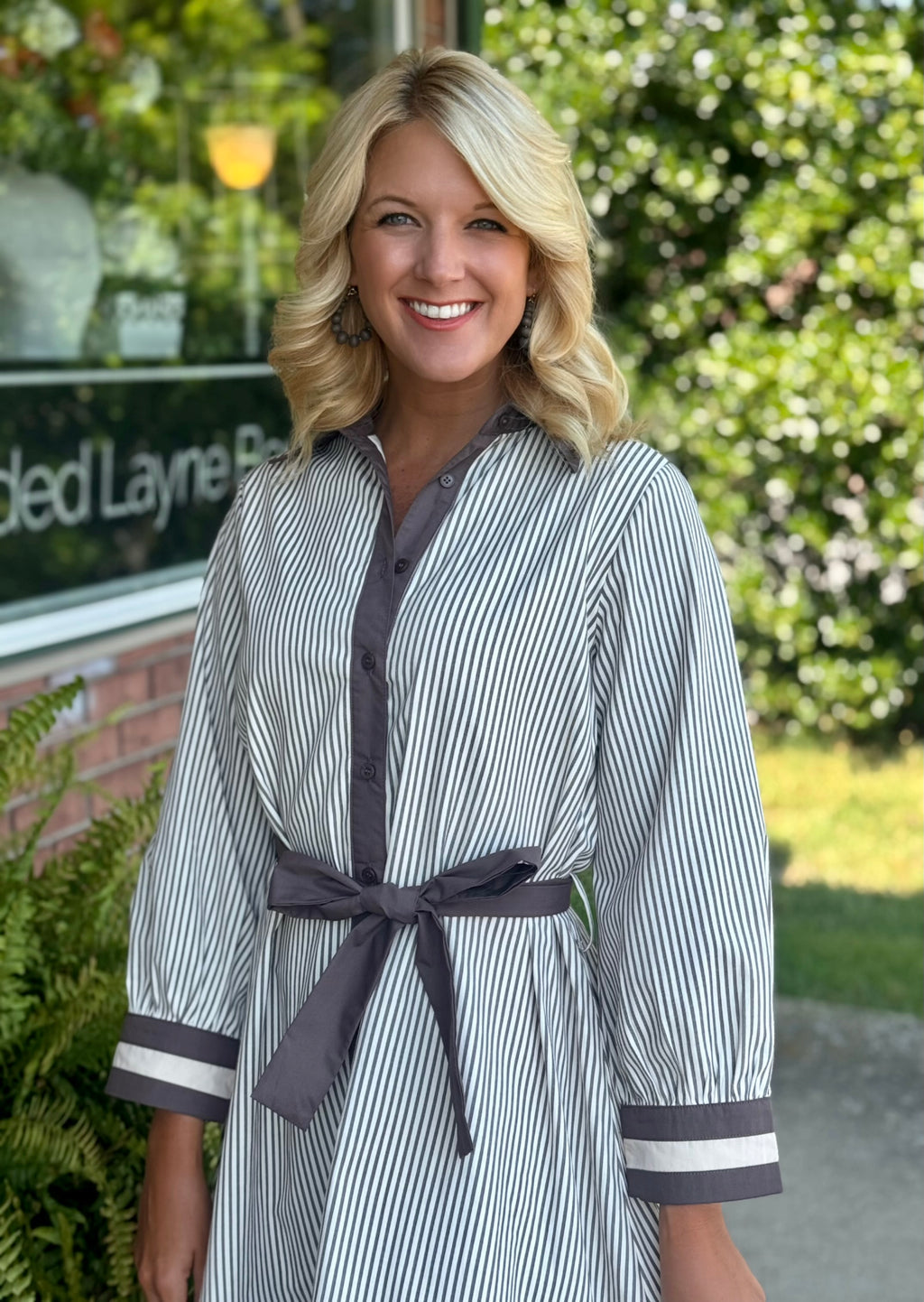 Mocha Stripe Dress with Tie Waist & Border Detail