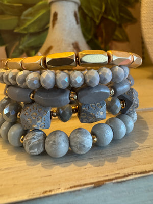 Grey & Gold Beaded Bracelet Set with Cheetah Bead Detail