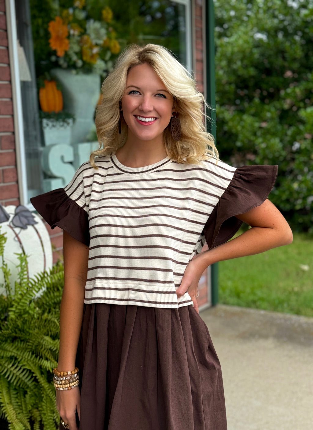 Brown Stripe Dress with Ruffle Sleeves & Pleated Skirt