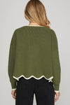 Olive Sweater with Scallop & Contrast Details