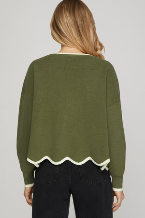 Olive Sweater with Scallop & Contrast Details