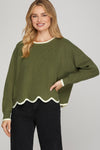 Olive Sweater with Scallop & Contrast Details