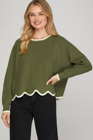 Olive Sweater with Scallop & Contrast Details