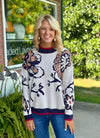 Floral Print Sweater with Contrast Neck & Hemline