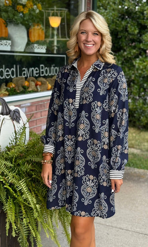 Navy Printed Dress with Contrast Detail