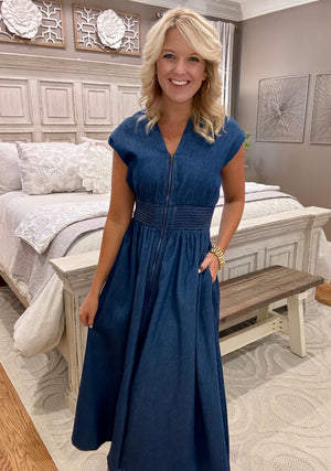 Denim Smocked Waist Dress with Zipper Detail