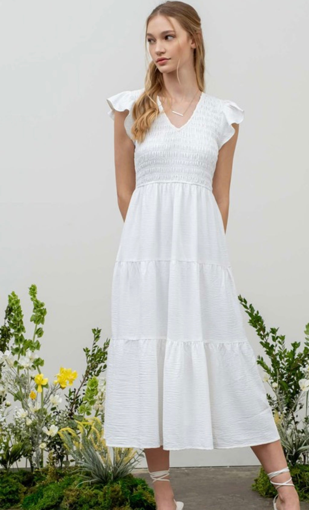 White Smocked Flutter Sleeve Midi Dress