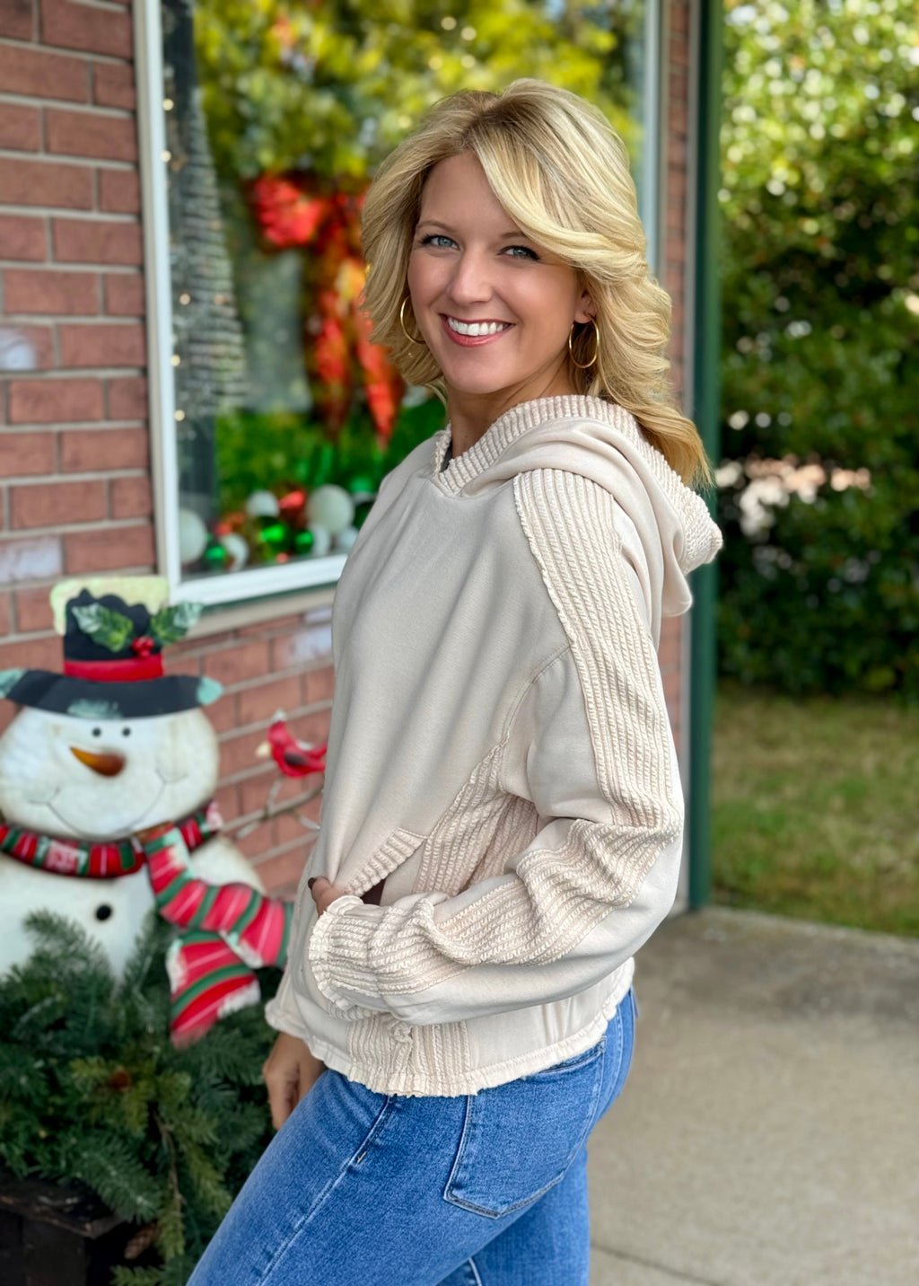 Mix Media Cream Hoodie Sweatshirt