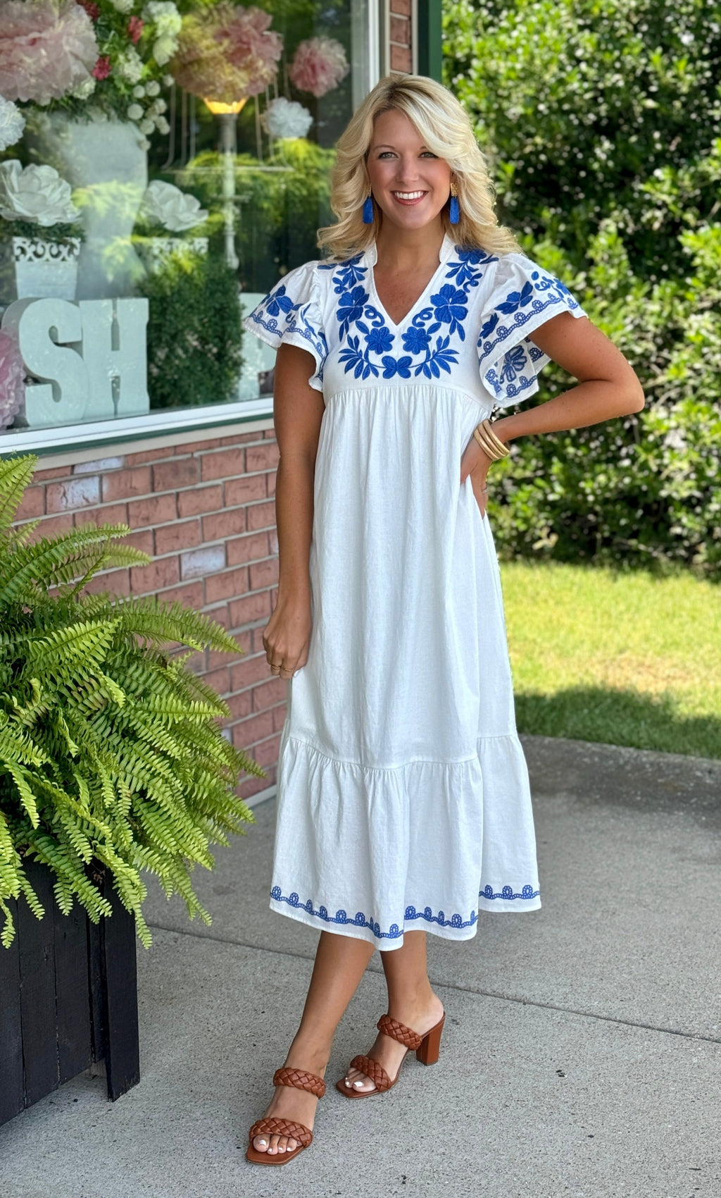 White THML Maxi Dress with Blue Embroidered Details