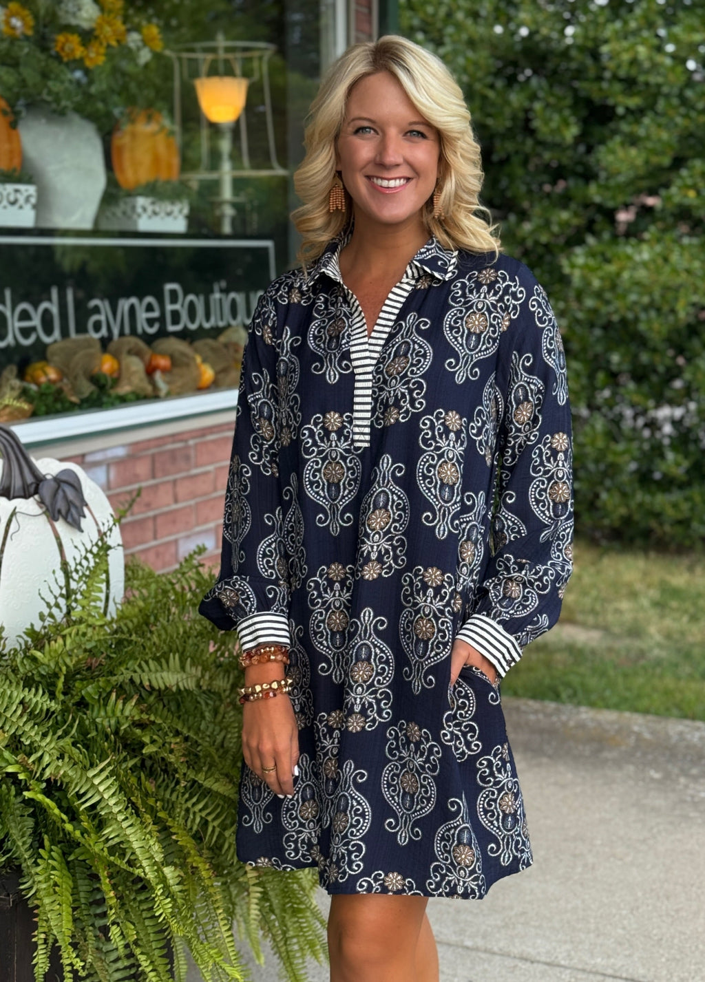 Navy Printed Dress with Contrast Detail